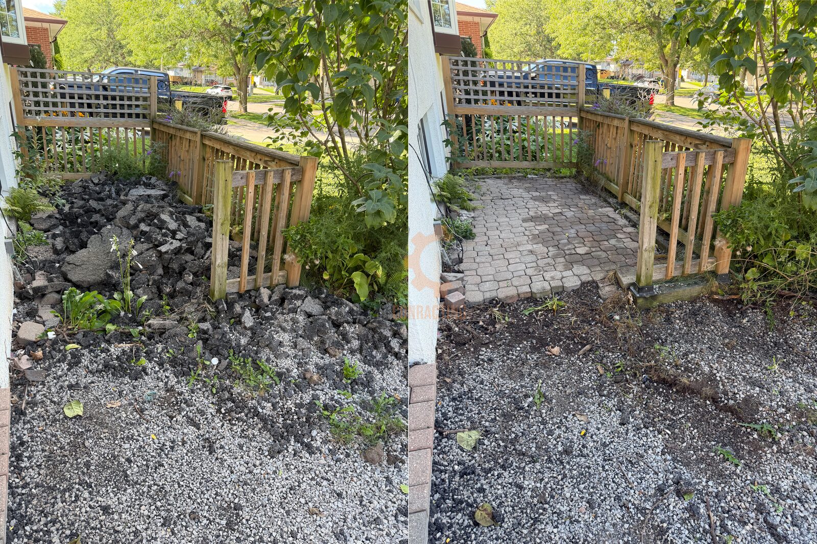 Before and after: broken asphalt and rubble dug out beside a side entrance and replaced with a level paver landing