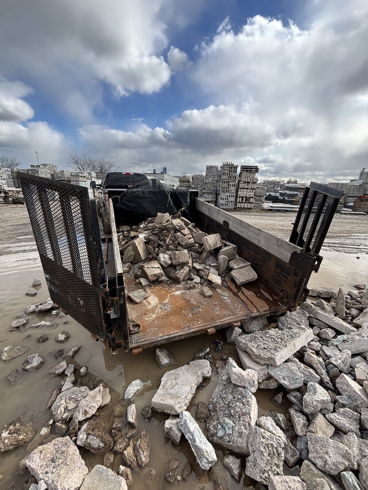 A trailer load of broken concrete at the disposal yard